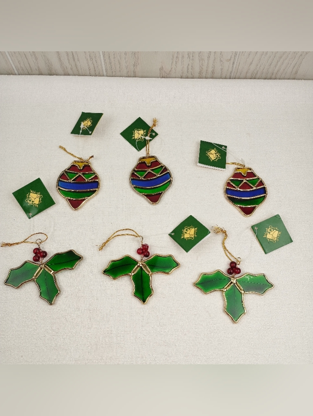 Walnut Creek Stained Glass Holiday Ornament Set of 6 Green & Red Holly berries